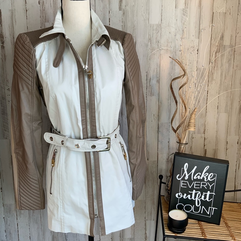 Women’s Two-Tone Taupe and White Leather Jacket with Belt